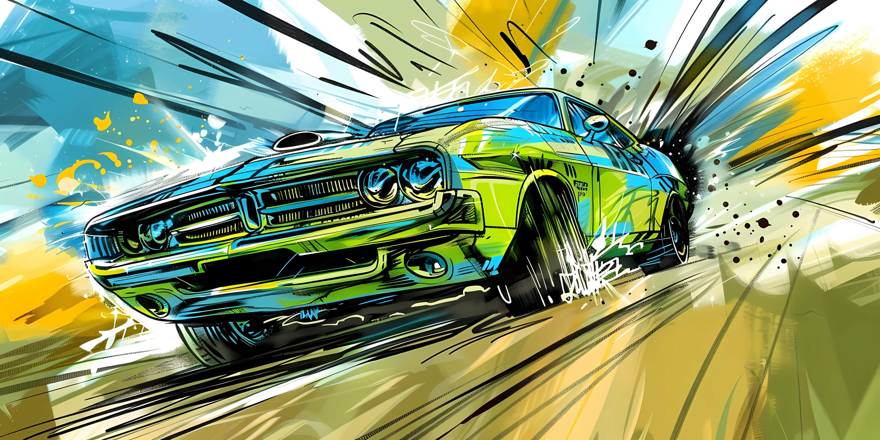 Design file showcasing vibrant street art car pattern with turquoise and green color scheme