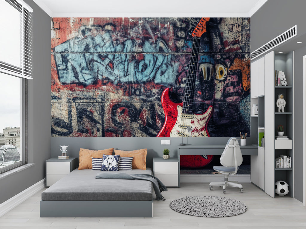 Graffiti mural with guitar creating impact in teen bedroom