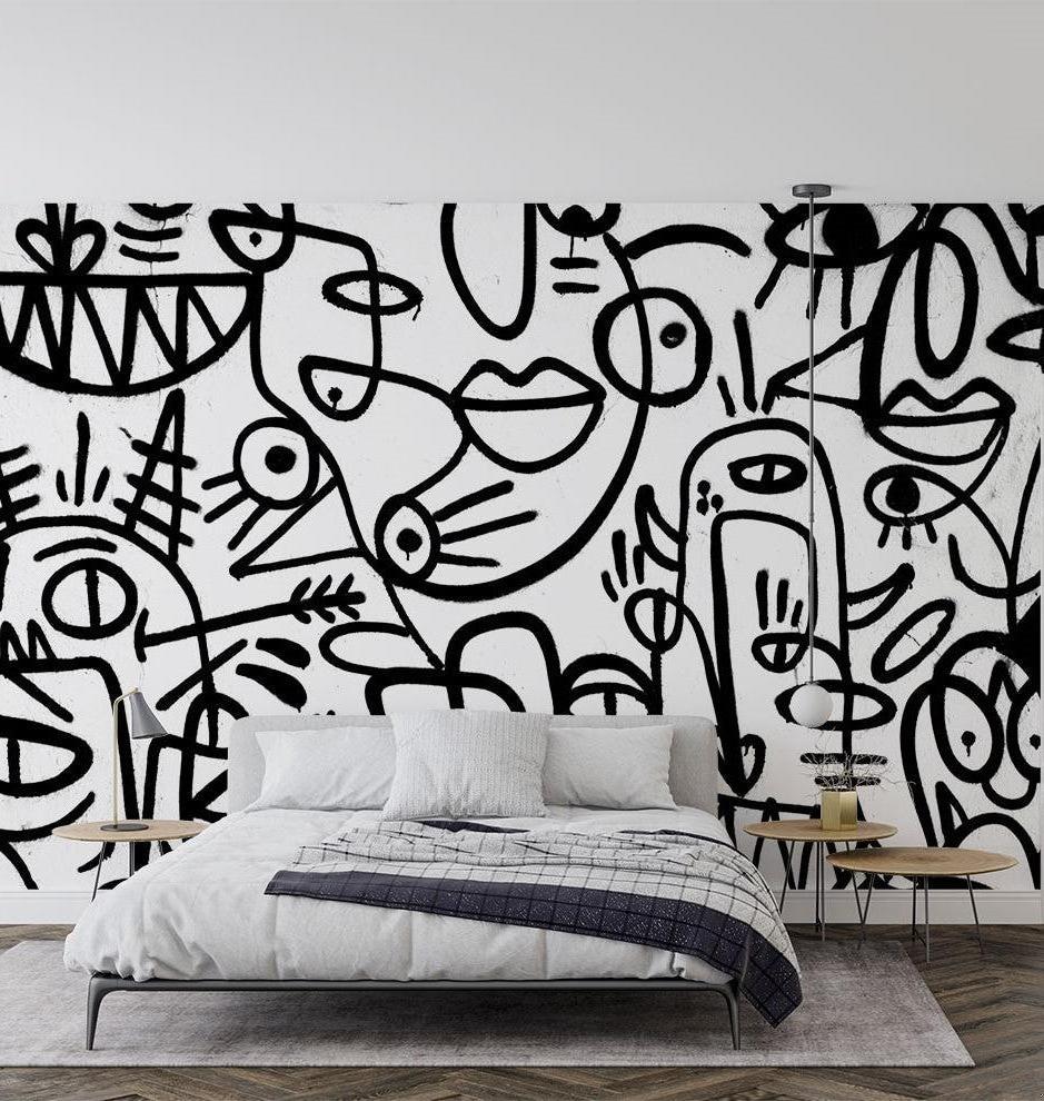 Modern Street Art Wallpaper bringing urban style to a contemporary living room with minimalist furniture