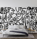 Modern Street Art Wallpaper bringing urban style to a contemporary living room with minimalist furniture