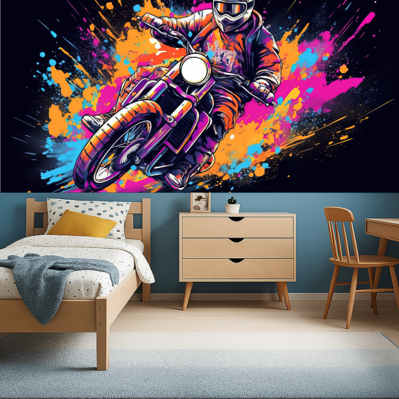 Motorcycle graffiti design adding character to modern living room