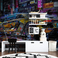 Street art sports car wallpaper in modern teen bedroom, neon lighting creates cool gaming atmosphere