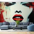 Street art portrait wallpaper creating bold impact in modern living room with white furniture and natural light