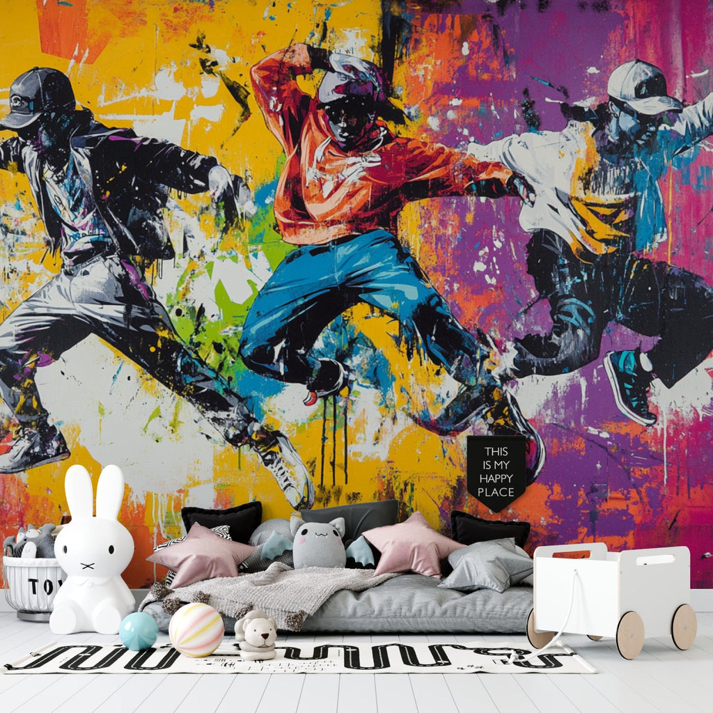 Street art graffiti wallpaper bringing vibrant energy to a modern living room with high ceilings