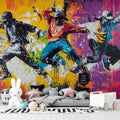 Street art graffiti wallpaper bringing vibrant energy to a modern living room with high ceilings