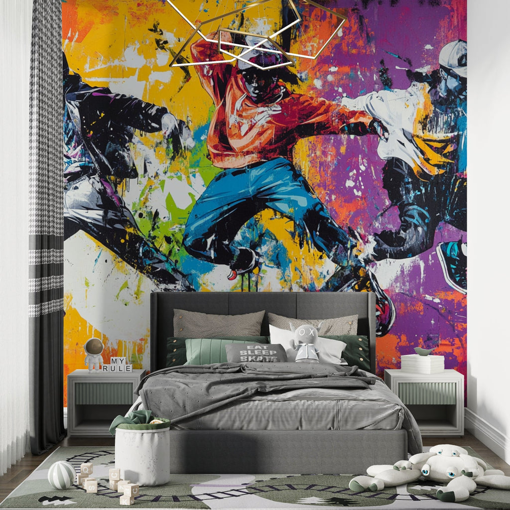 Urban graffiti mural creating a bold statement in a teen bedroom