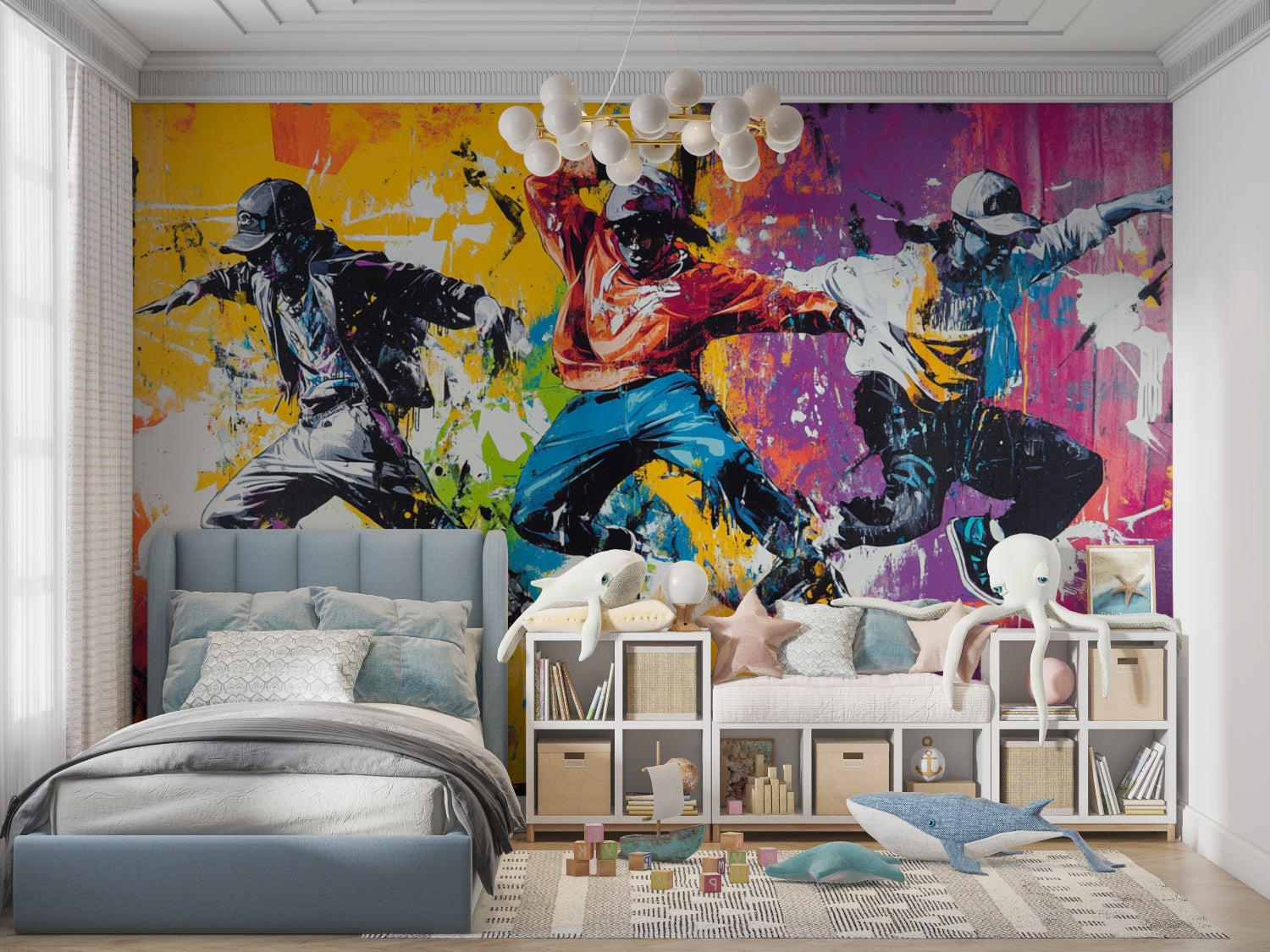 Urban art wallpaper making a statement in a modern restaurant setting