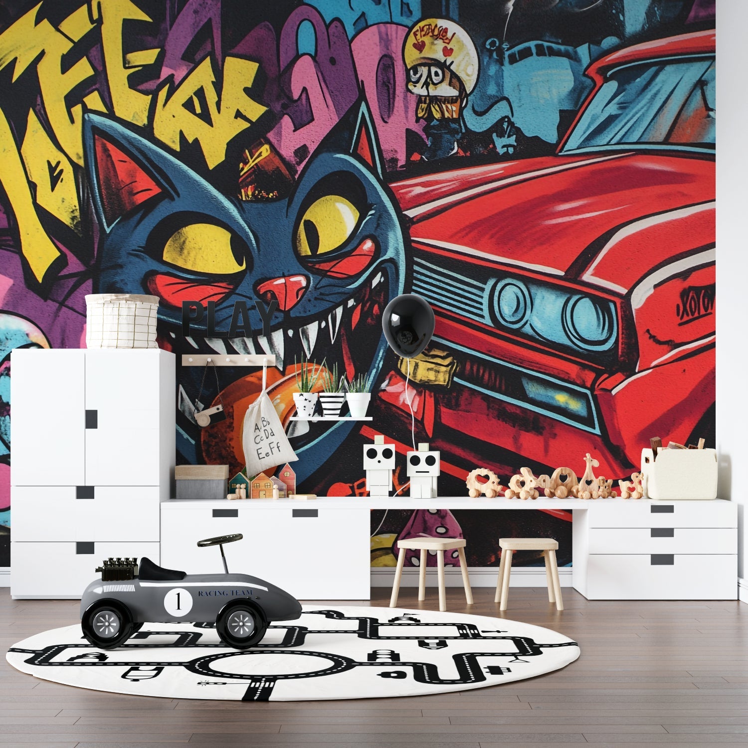 Street art wallpaper creating urban atmosphere in modern living room with red sofa