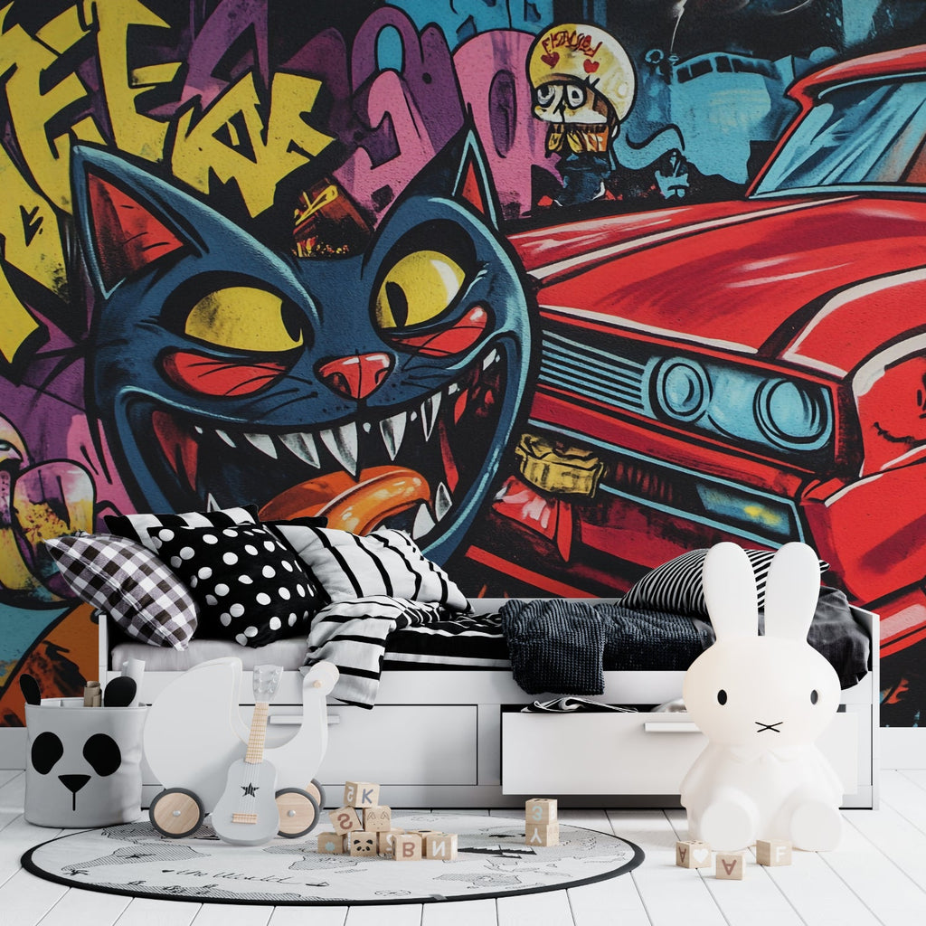 Urban wall mural in creative office space with contemporary furniture
