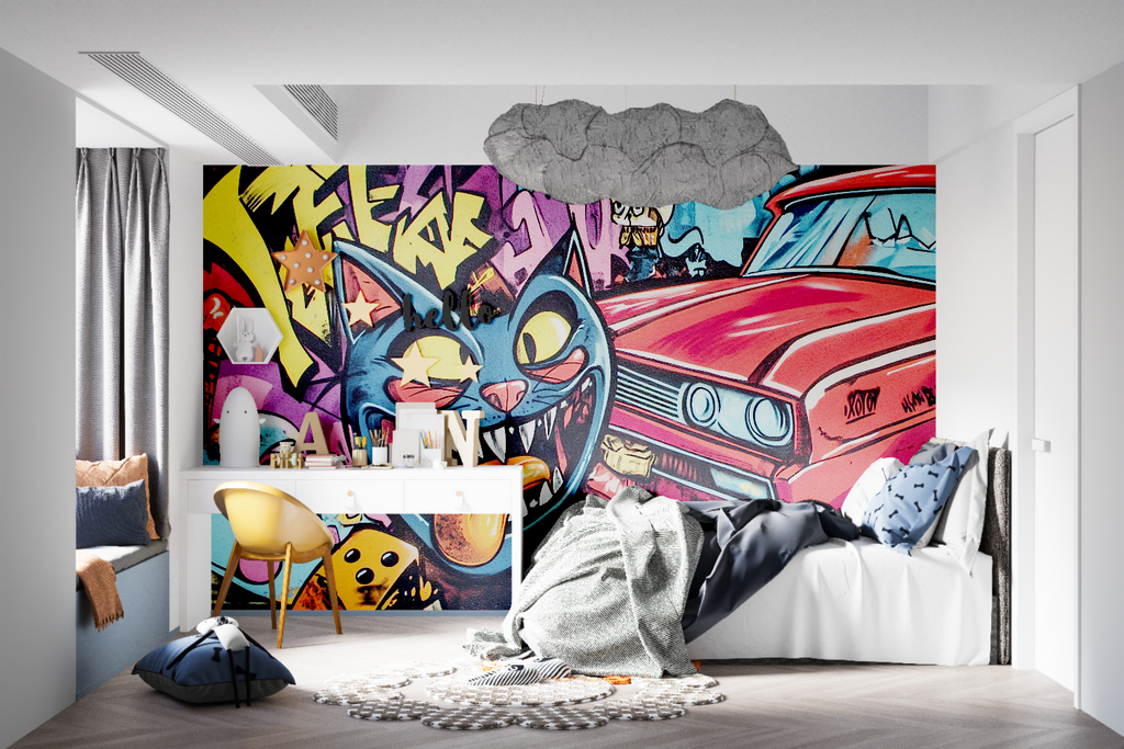 Street art wallpaper featuring cat and car in modern dining room