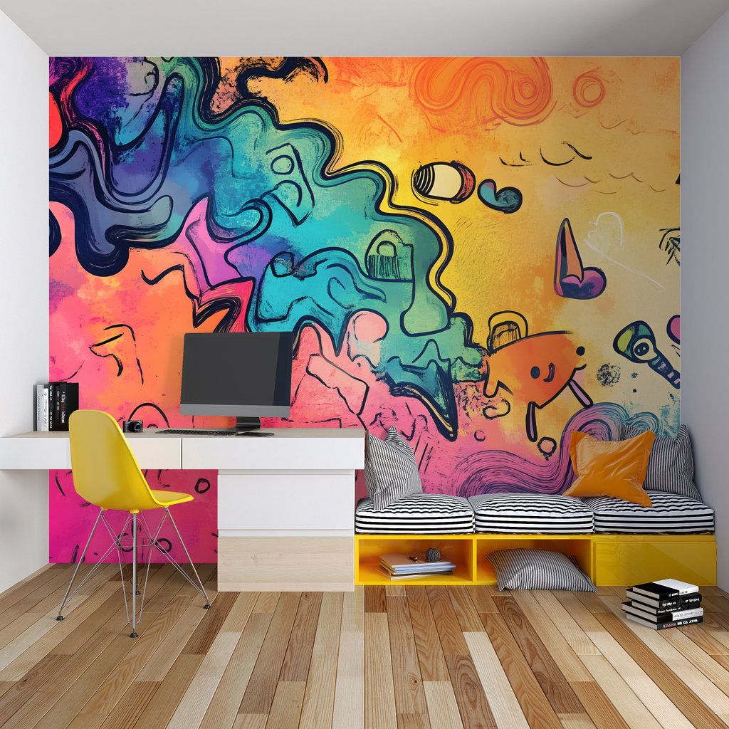 Street art graffiti wallpaper styled in modern teen bedroom with neon accents