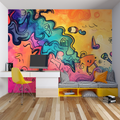 Street art graffiti wallpaper styled in modern teen bedroom with neon accents