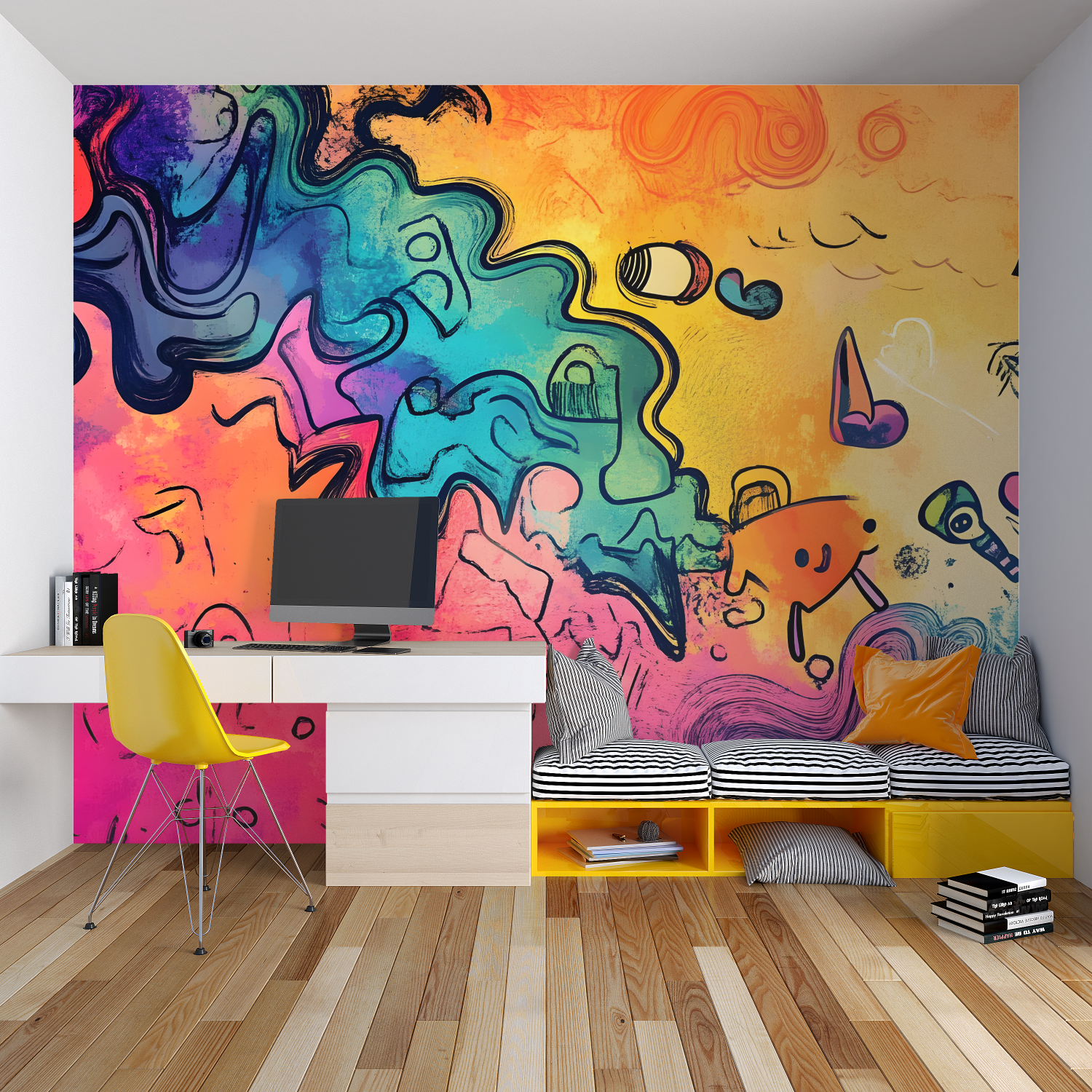 Street art graffiti wallpaper styled in modern teen bedroom with neon accents