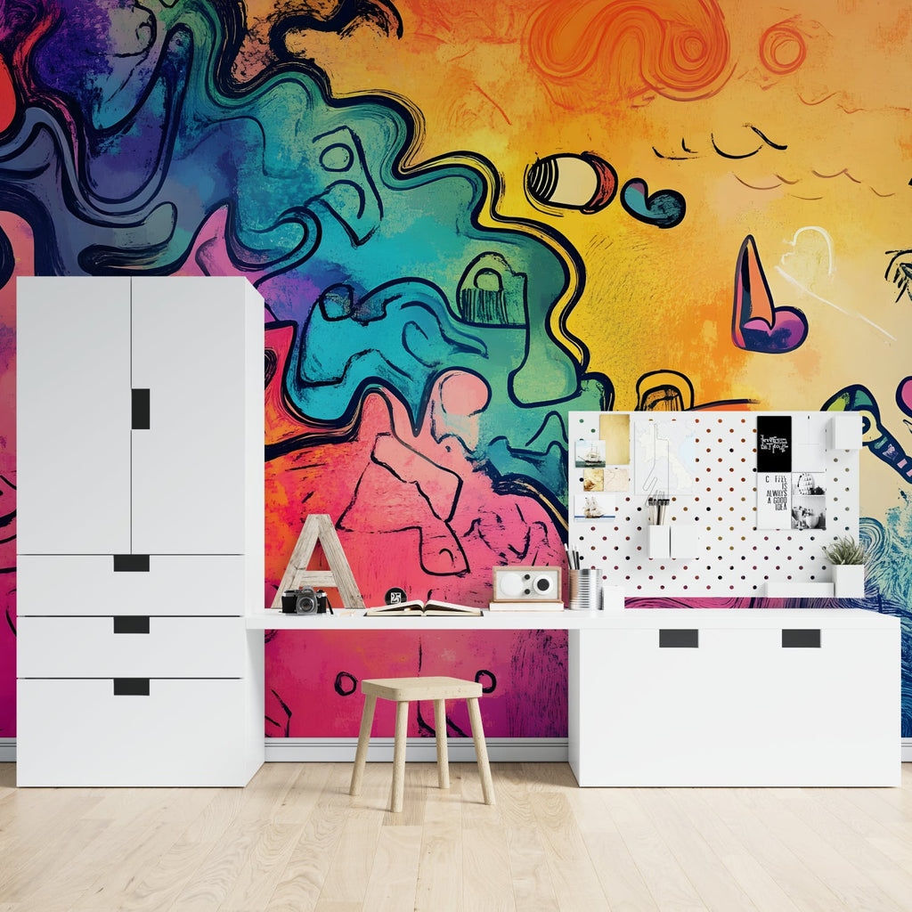 Street art wallpaper creating bold statement in modern office space