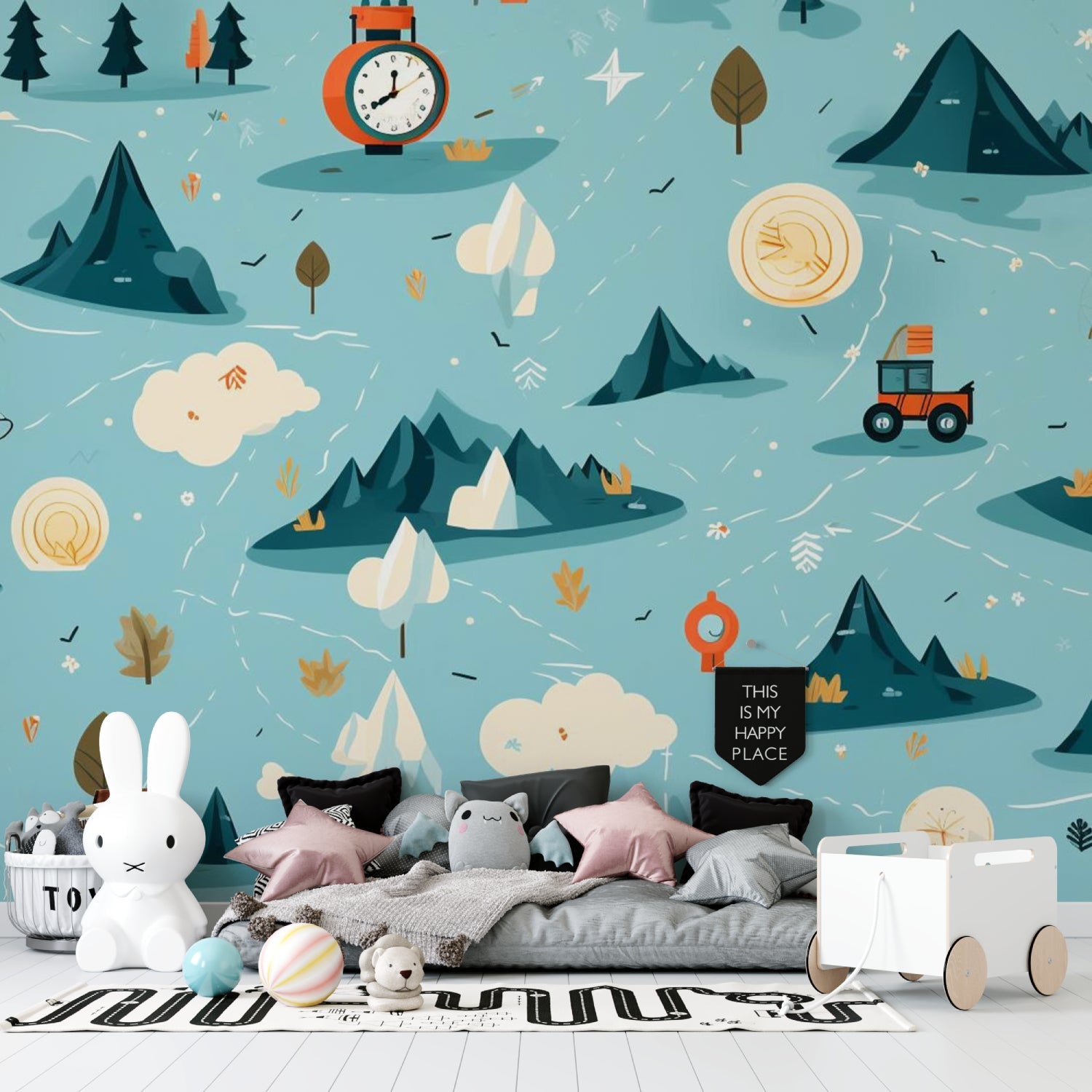 Urban graffiti wallpaper creating bold impact in modern living room with contemporary furniture