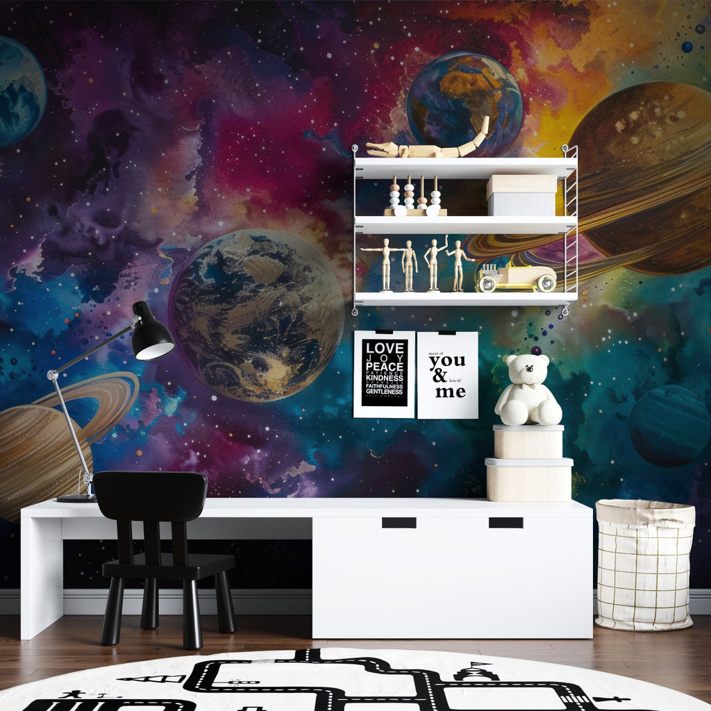 Teen bedroom transformed with vibrant street art mural wallpaper featuring dynamic shapes