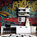 Street art wallpaper with vintage car creating bold impact in modern living room