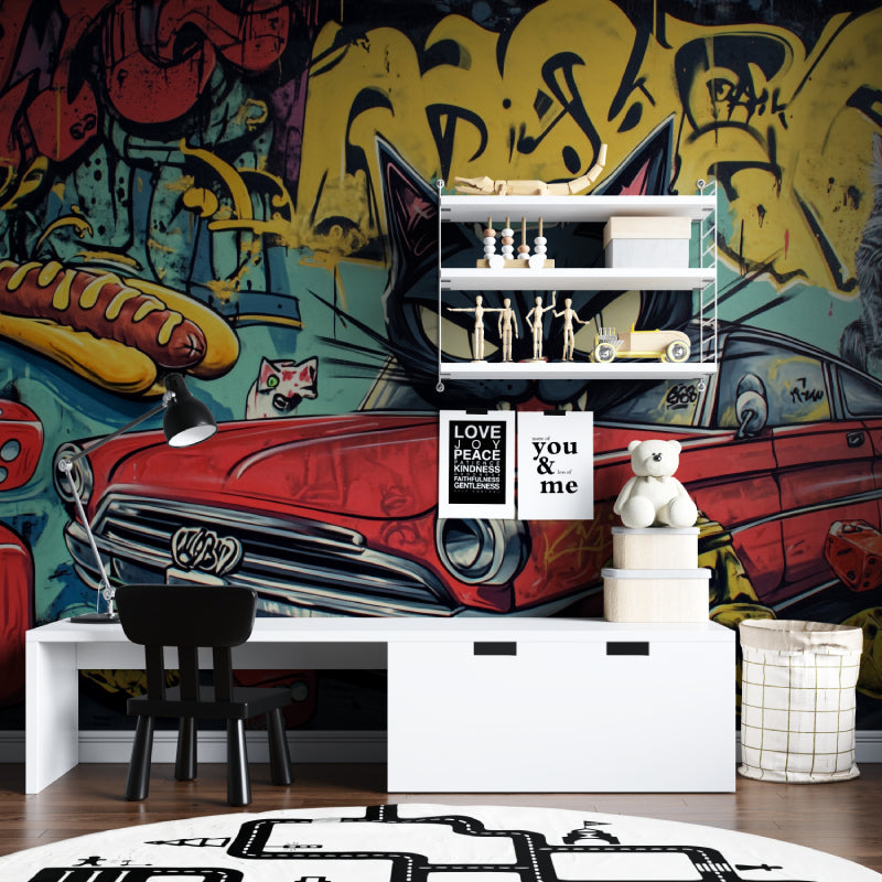 Street art wallpaper with vintage car creating bold impact in modern living room