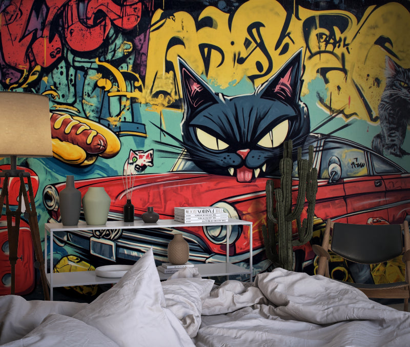 Urban graffiti mural with classic car livening up teen bedroom space