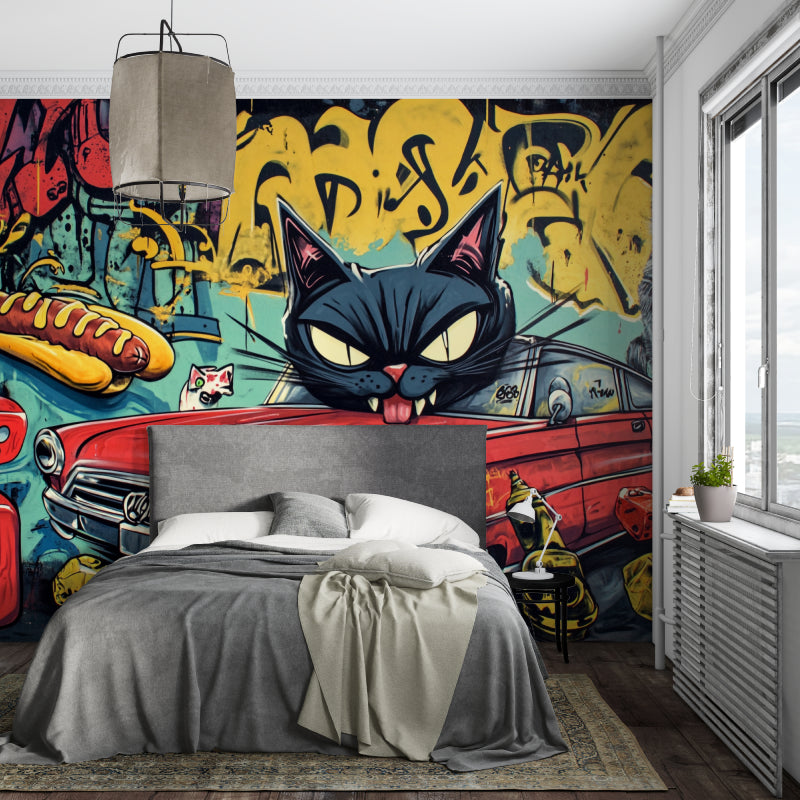 Street art wall mural transforming game room with graffiti and vintage car design