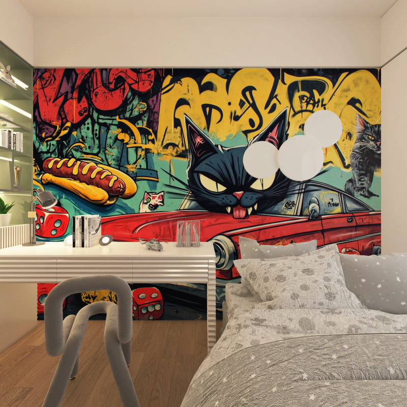 Urban street art mural enhancing modern dining room with vintage car theme