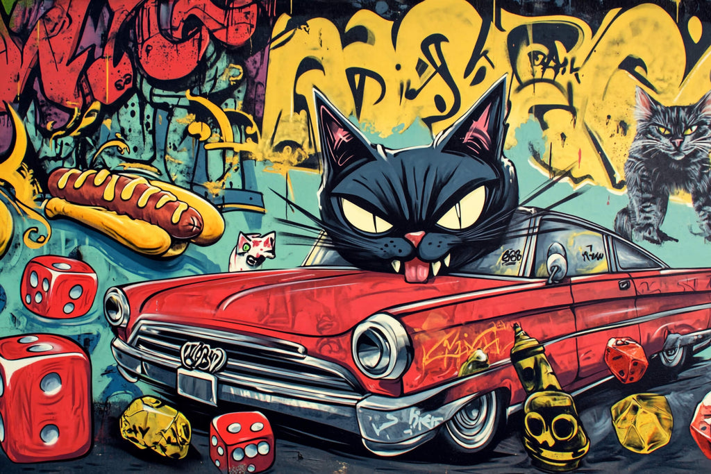 Street art wallpaper design file showing detailed graffiti pattern with classic car