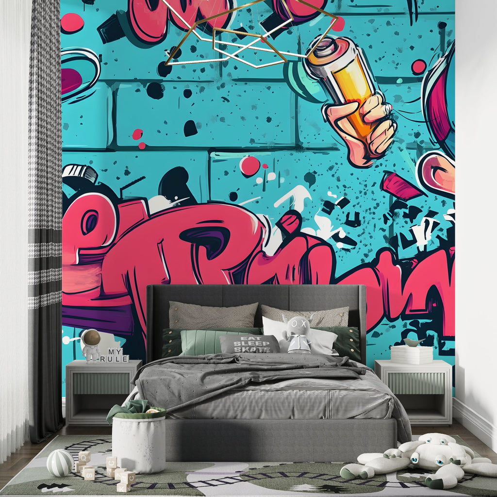 Street art wallpaper in modern teen bedroom showing graffiti and vintage cars