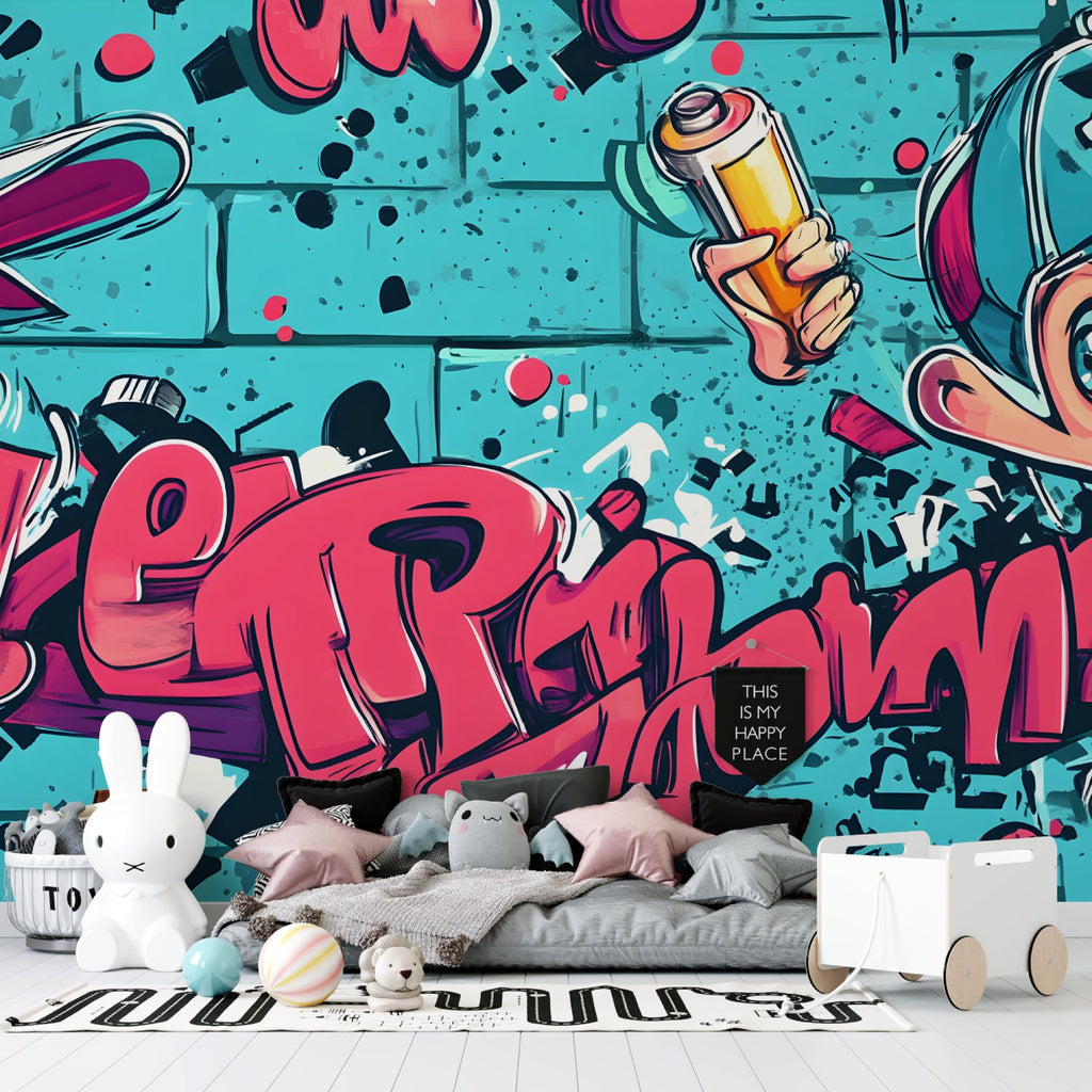 Urban graffiti mural creating focal point in industrial style living room