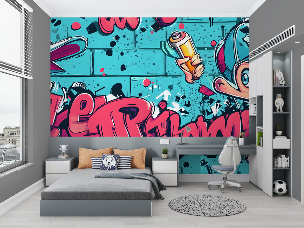 Graffiti wall mural adding urban edge to game room space