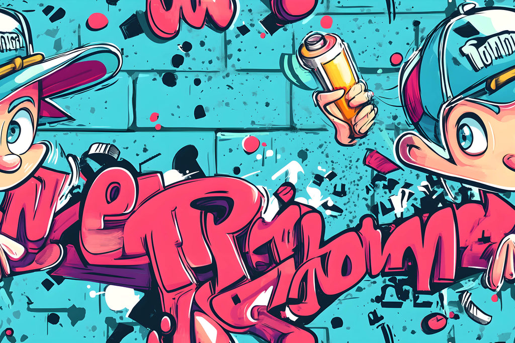 Street art wallpaper design file showing full graffiti pattern with classic cars