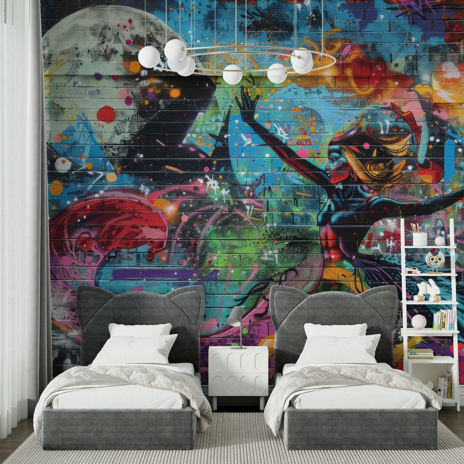 Vibrant graffiti wall mural energizing a teen bedroom with skateboard decor and LED strips