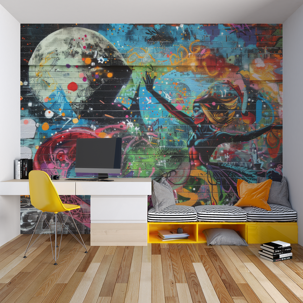 Urban pop art wallpaper transforming a creative studio space with modern furniture