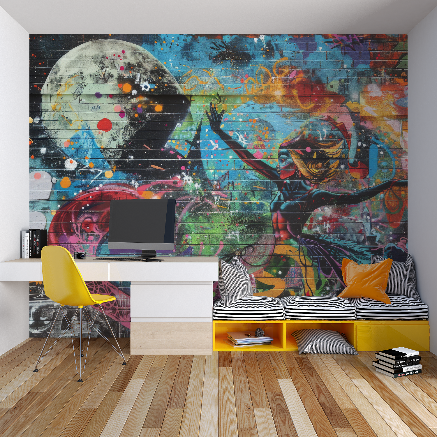 Urban pop art wallpaper transforming a creative studio space with modern furniture