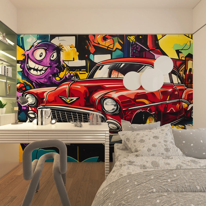 Street art wallpaper with vintage car in modern living room creating urban atmosphere
