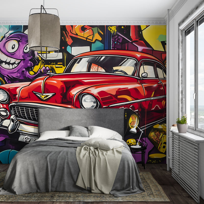 Vintage car graffiti mural in game room setting