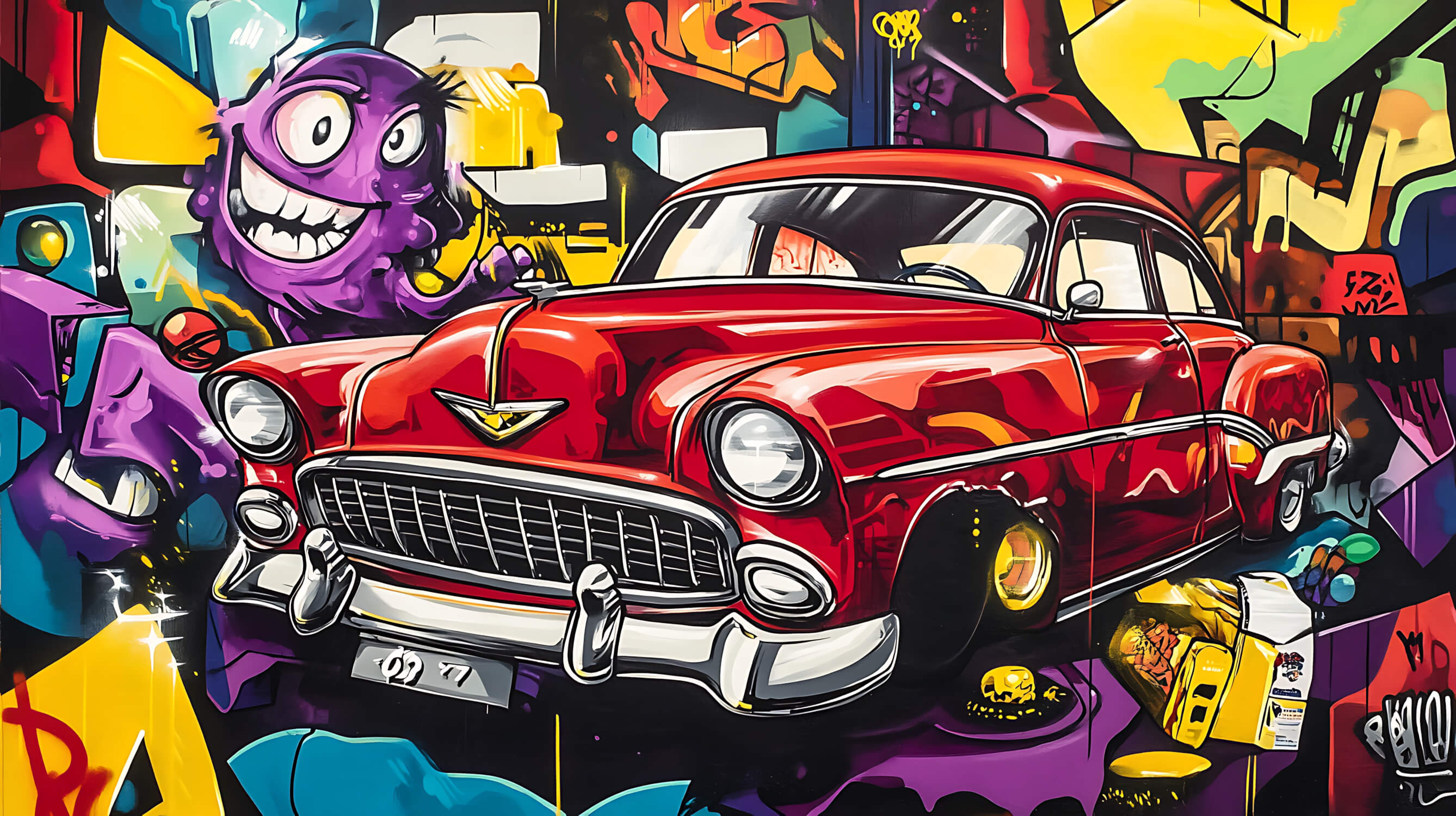 Urban graffiti design file with vintage car and street art elements