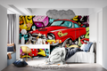 Street art wallpaper with vintage red car bringing urban style to a modern living room