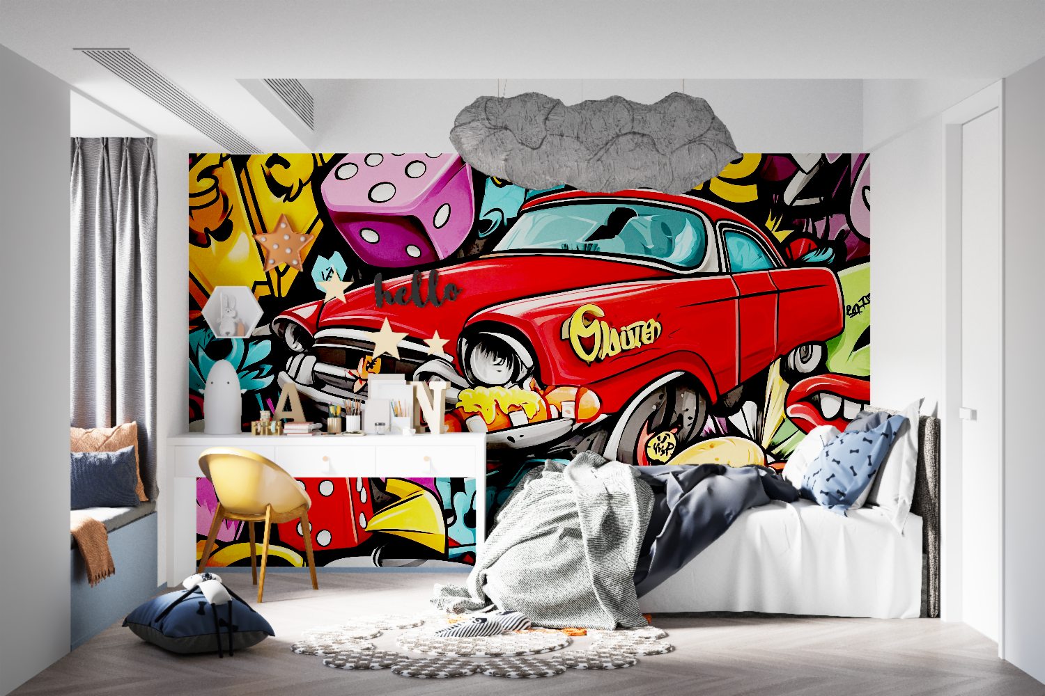 Street art wallpaper with vintage red car bringing urban style to a modern living room