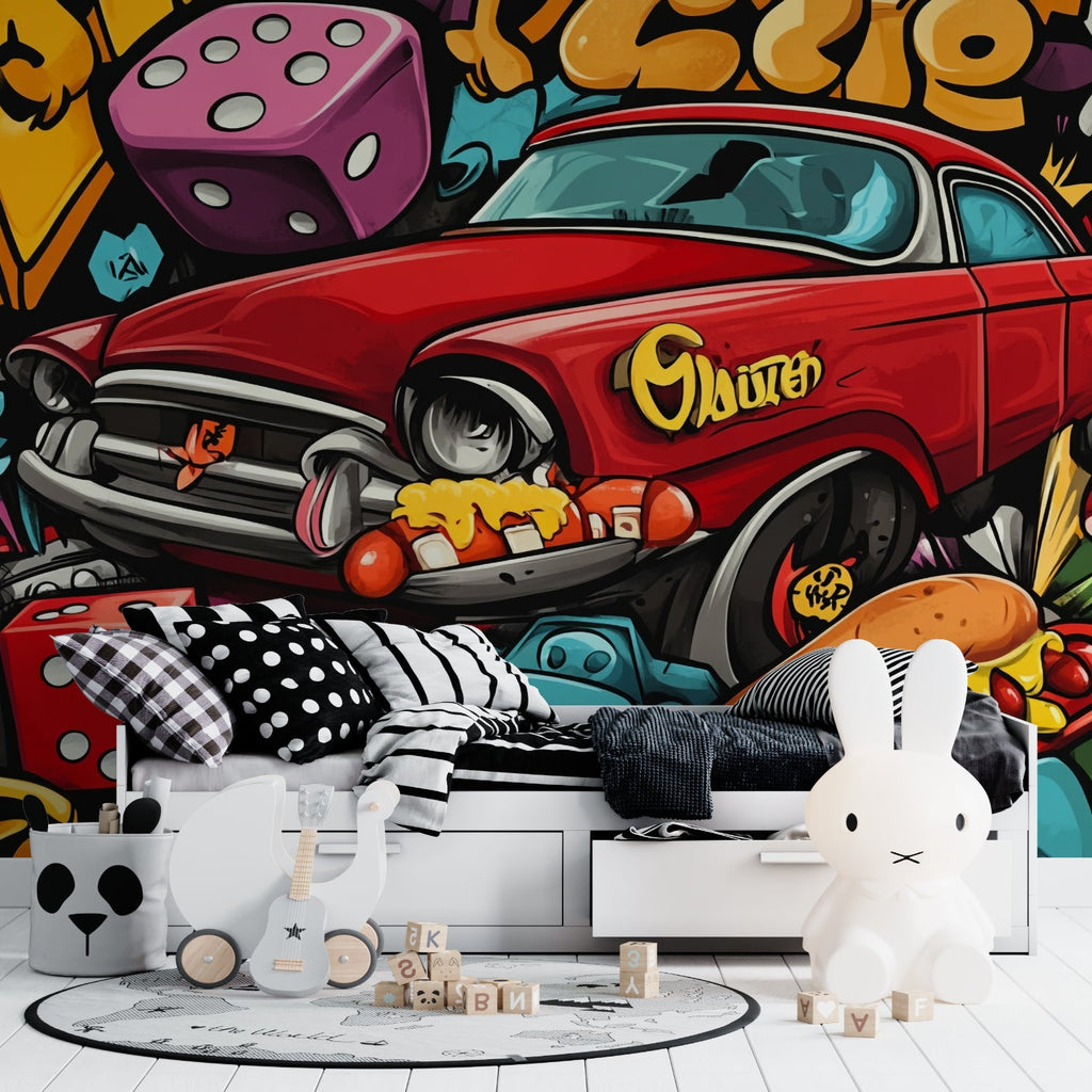 Graffiti car wallpaper creating bold atmosphere in a teen bedroom