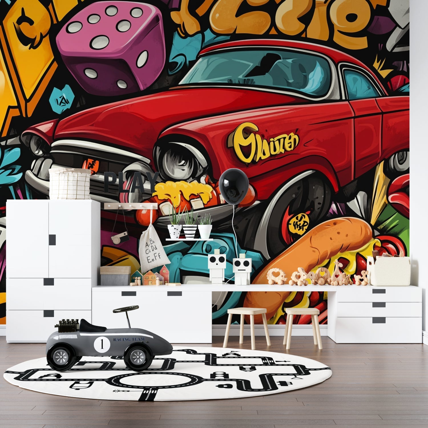 Urban street art mural transforming a gaming room with vintage car design