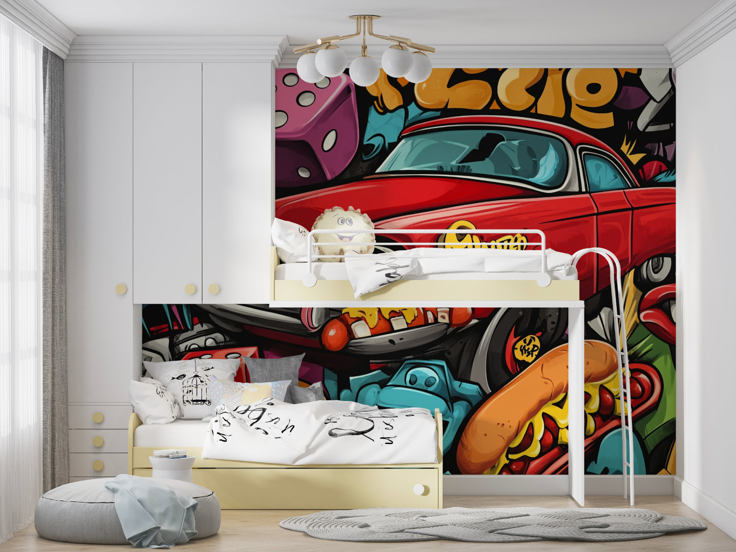 Street style wallpaper featuring red car graffiti in a home office setup