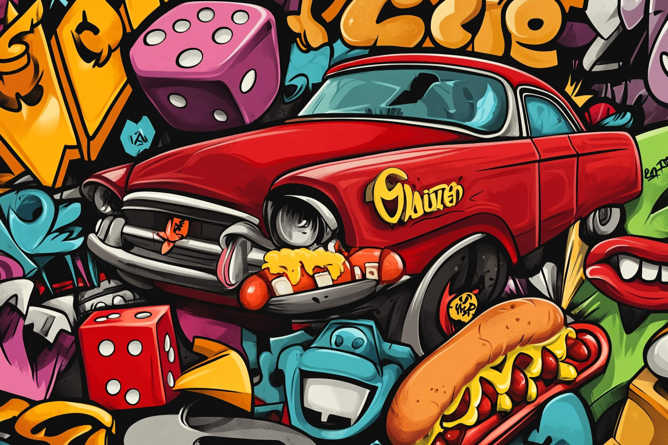 Street art design file showing detailed red car graffiti pattern and urban elements