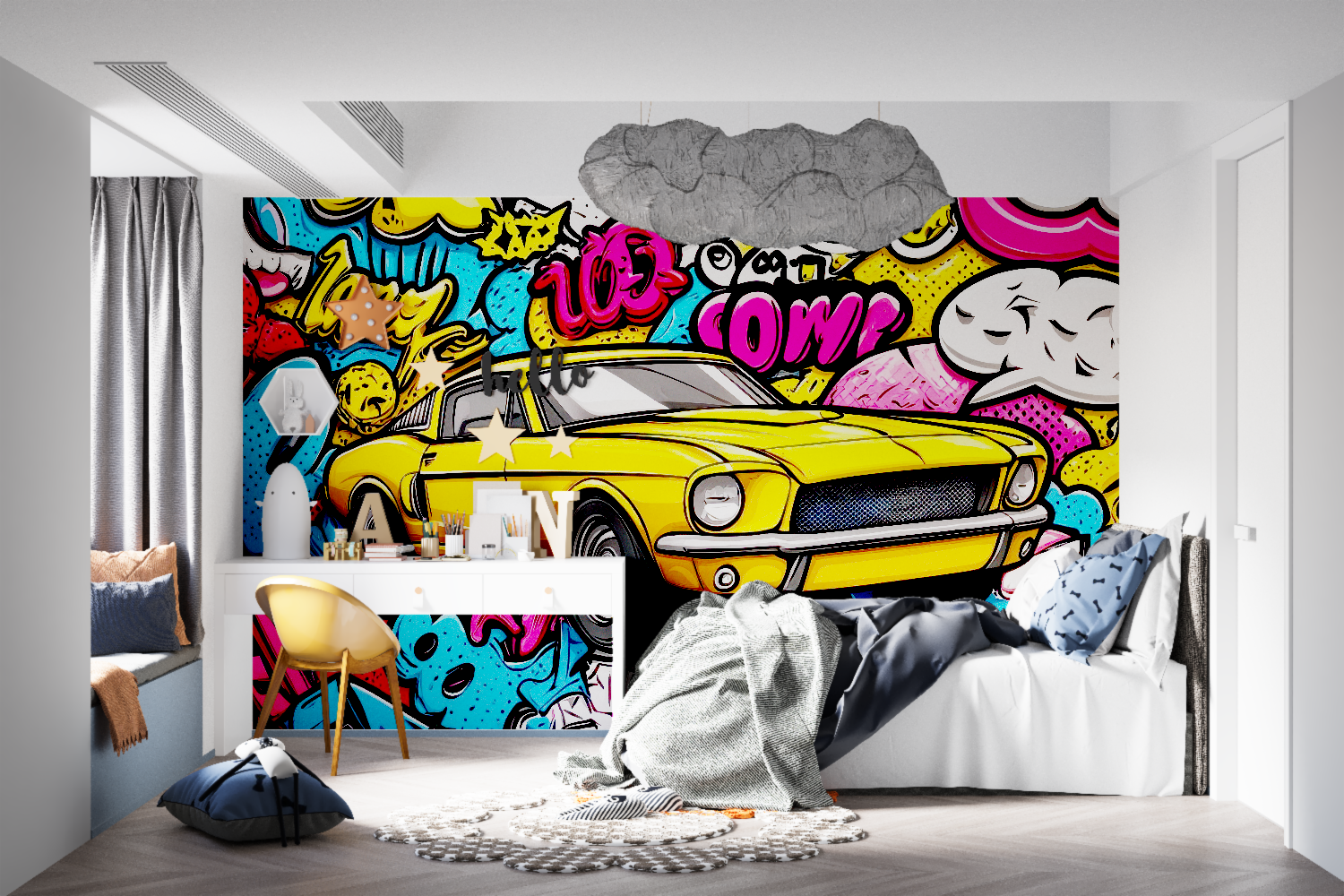 Street style wallpaper showcased in home office space, bringing creative energy