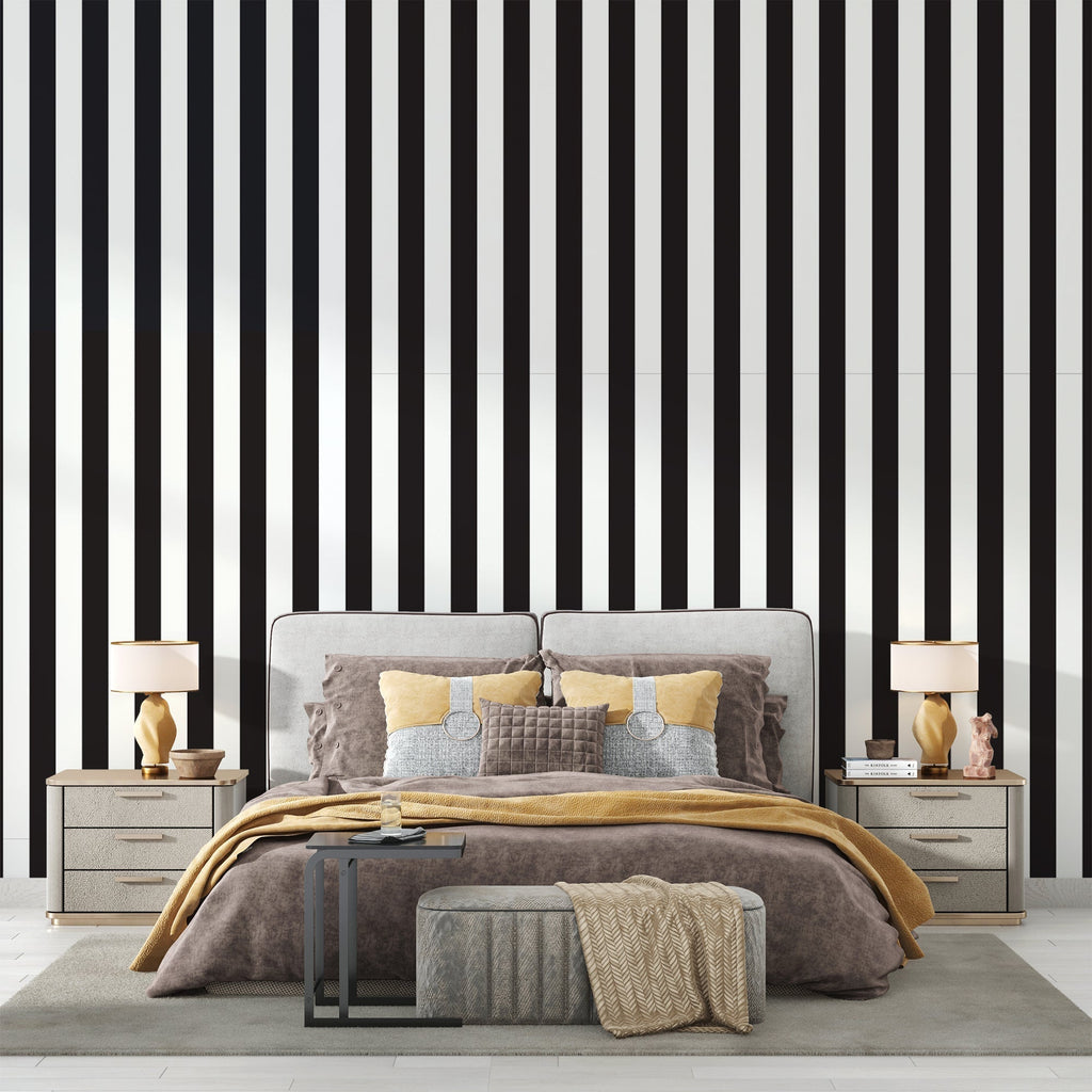 Black and white striped wallpaper in modern living room showing vertical pattern creating height illusion