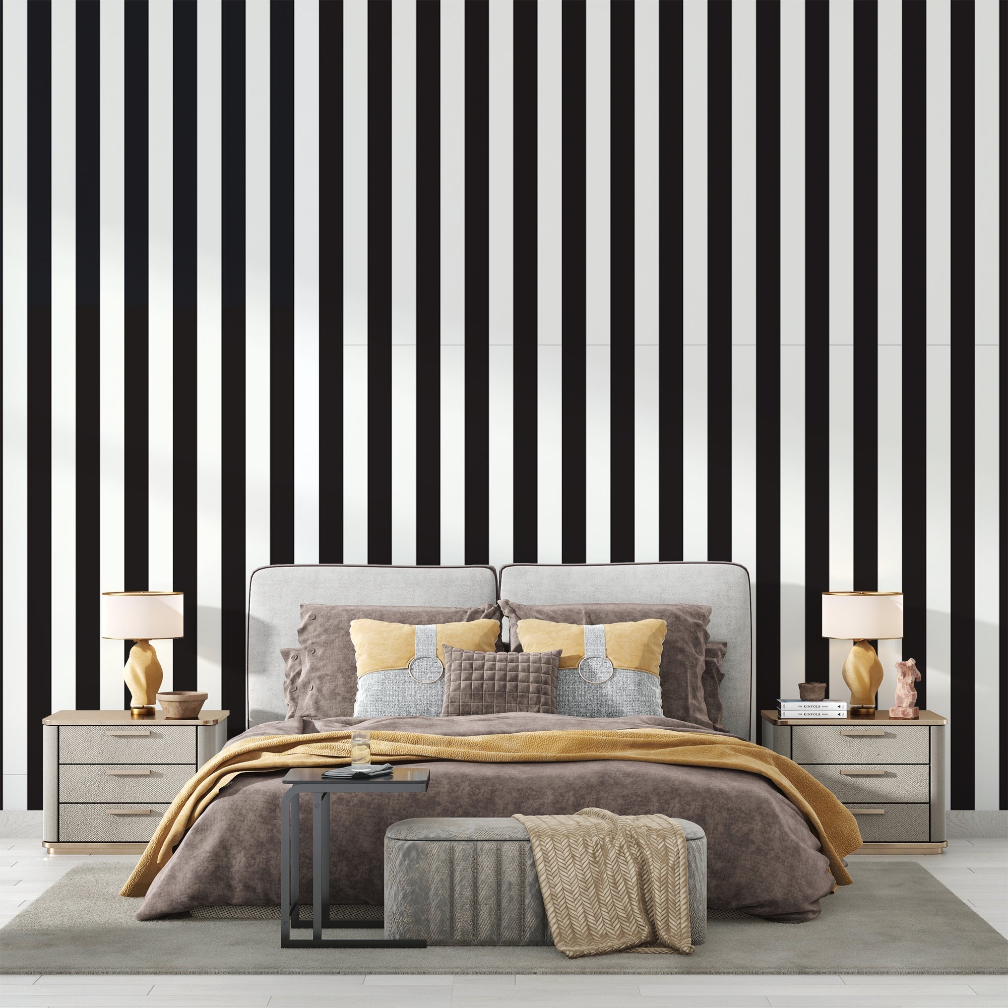 Black and white striped wallpaper in modern living room showing vertical pattern creating height illusion