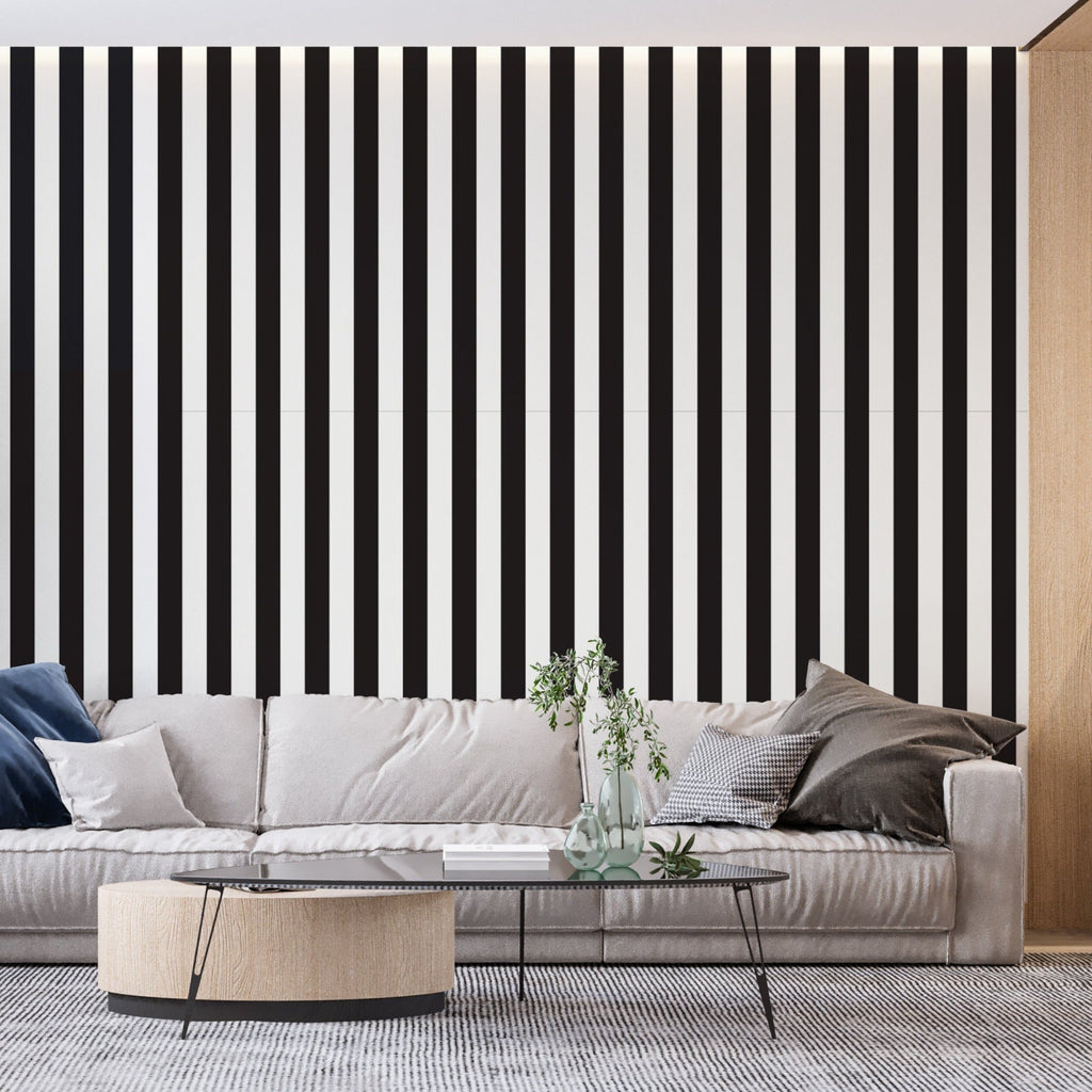 Vertical stripe wallpaper in minimalist office space highlighting clean lines and geometric pattern