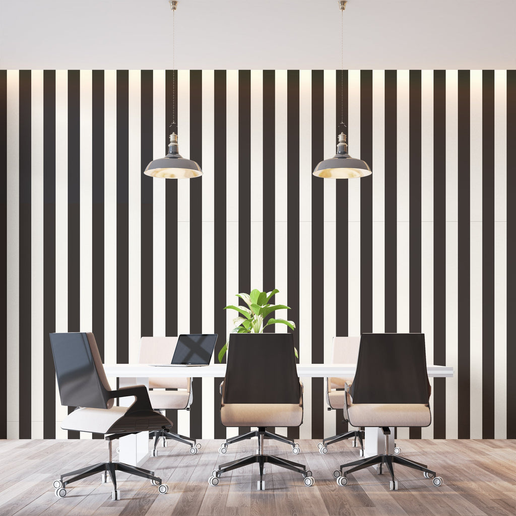 Modern black and white striped mural in dining room showcasing dramatic contrast and depth