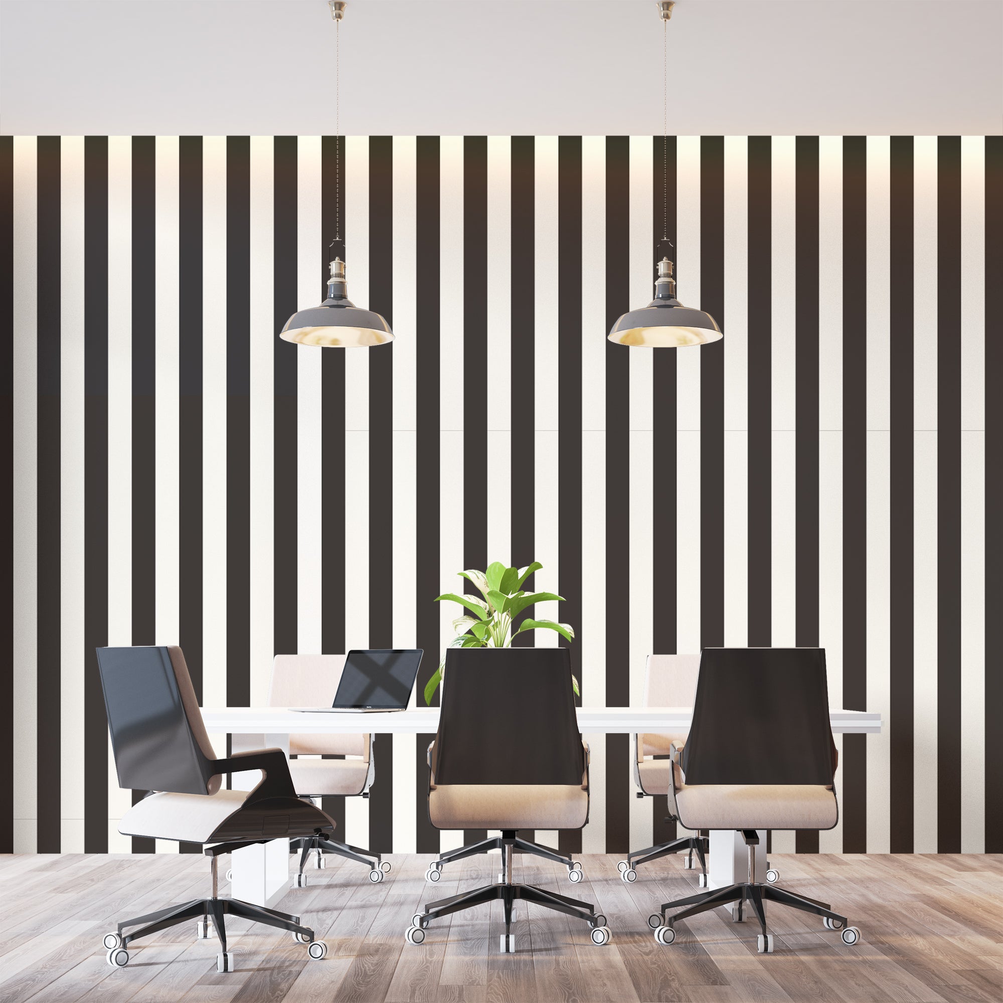 Modern black and white striped mural in dining room showcasing dramatic contrast and depth