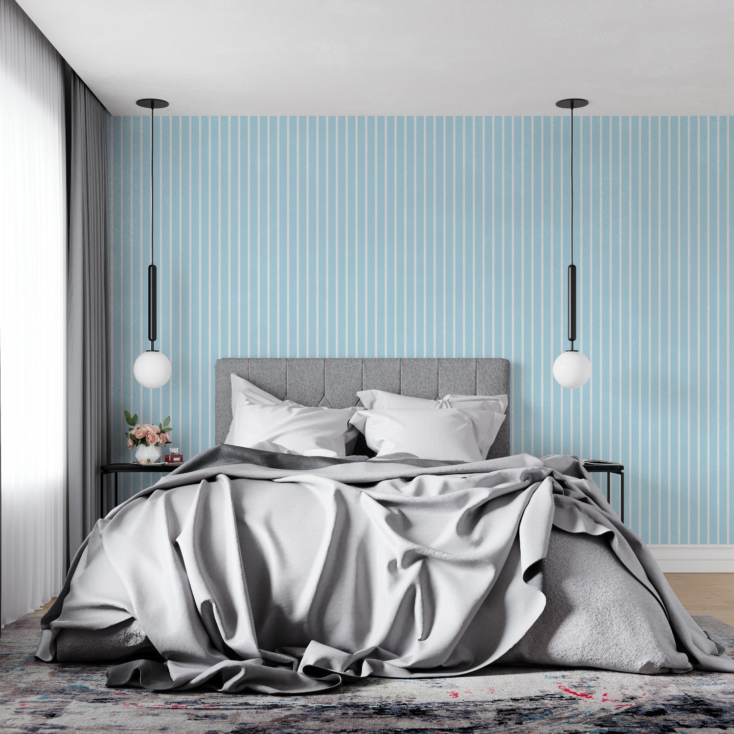 Classic blue and white striped wallpaper in home office with minimalist furniture