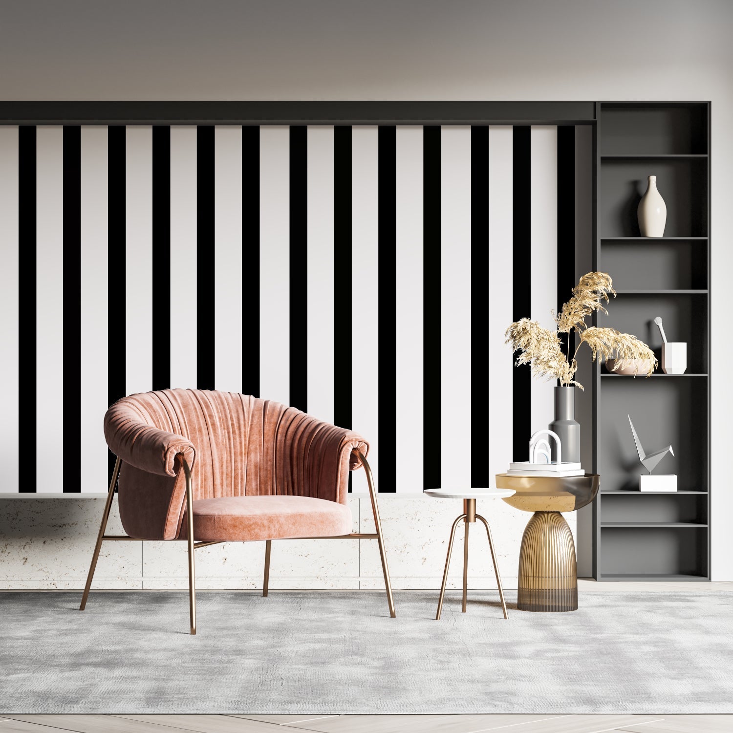 Vertical striped wallpaper making office space look taller and more professional